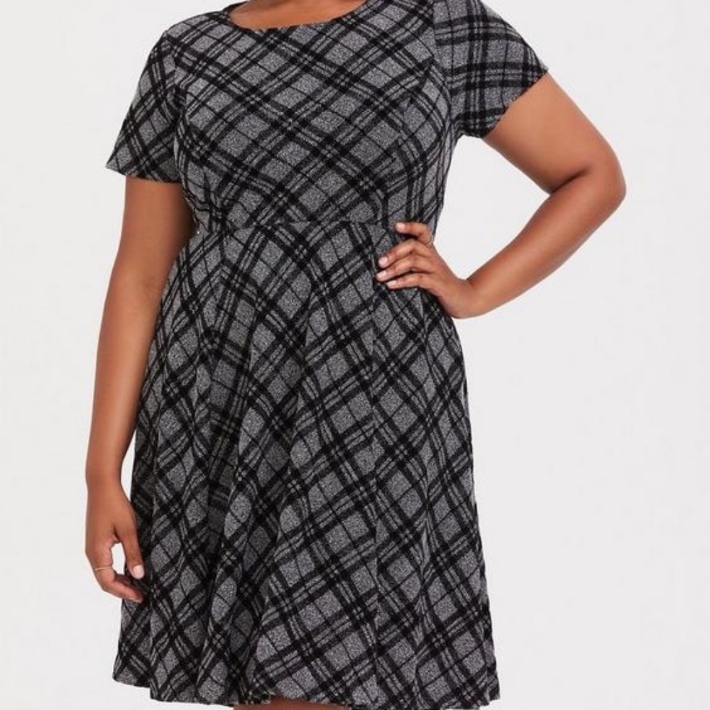 Black Plaid Sweater-Knit Skater Dress